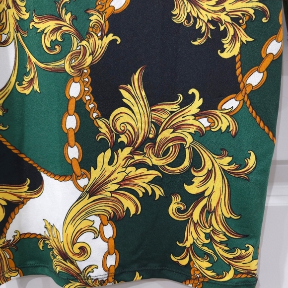 IRIS Long Sleeve Square Neck Bodycon Mini Dress in Green with Gold Filagree, S - Picture 12 of 15